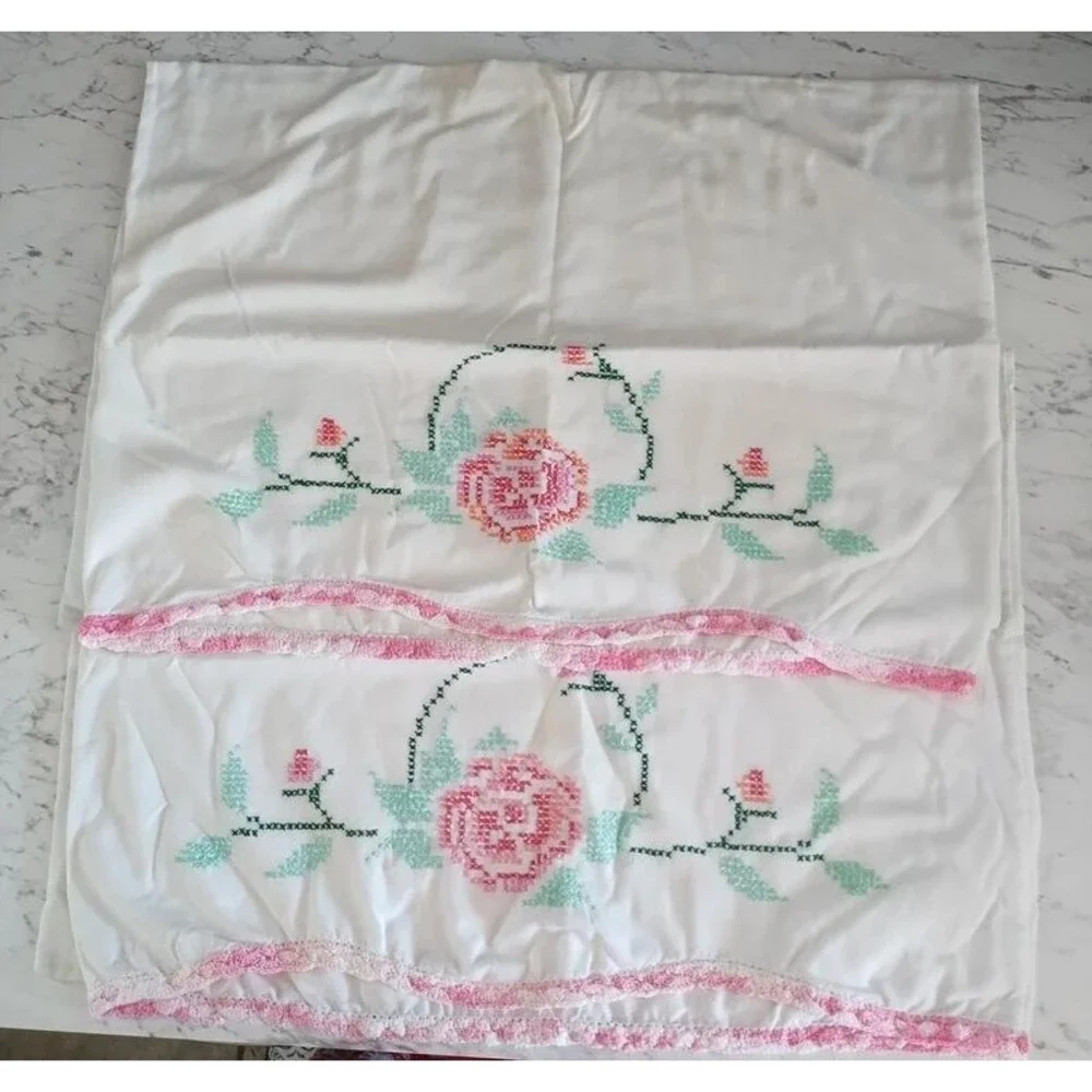 Vintage Hand Embroidered Pillowcases Pair Cross Stitch Pink Floral Queen